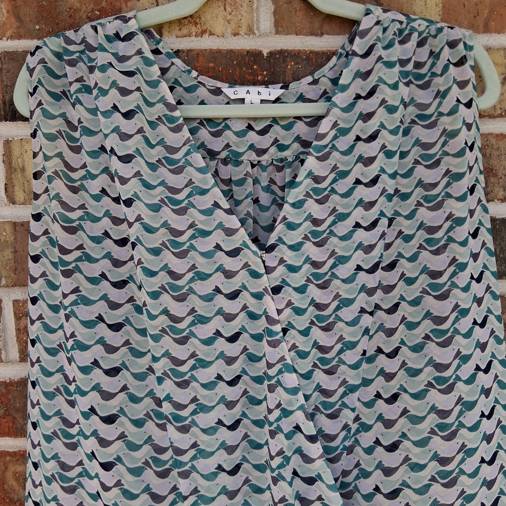 Cabi Bird Print Sheer Wrap Blouse L Blue Green Flowy Boho Chic Top - Picture 3 of 14